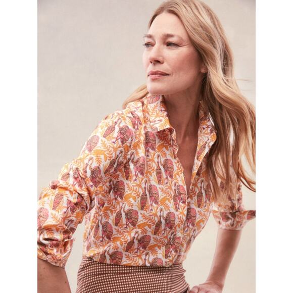 NWT J. Mclaughlin Lois Thanksgiving Blouse in Coral Bird (Turkeys) - Picture 1 of 4